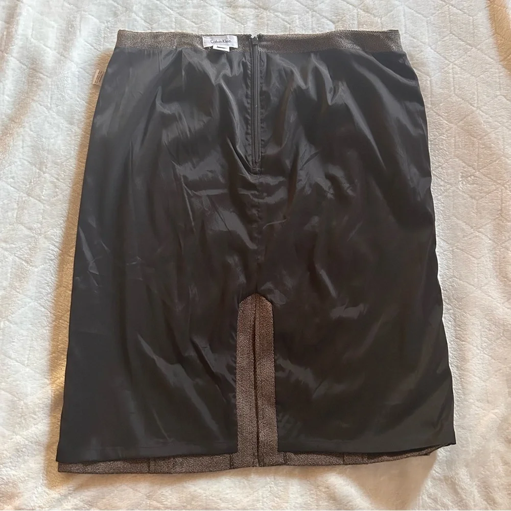 Calvin Klein Wool Blend Brown Herringbone Pencil Skirt Belt Loops Career Size 14